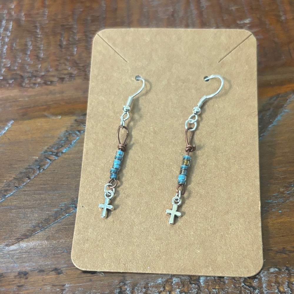 Silver and Blue Cross Dangle Earrings